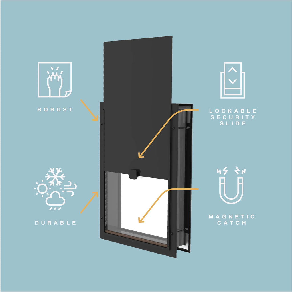 Elevate Your Pet's Freedom with the Black Deluxe Extra Large Aluminum Pet Door – Ideal for Dogs Up to 220 lbs and Doors Up to 2.76" Thick