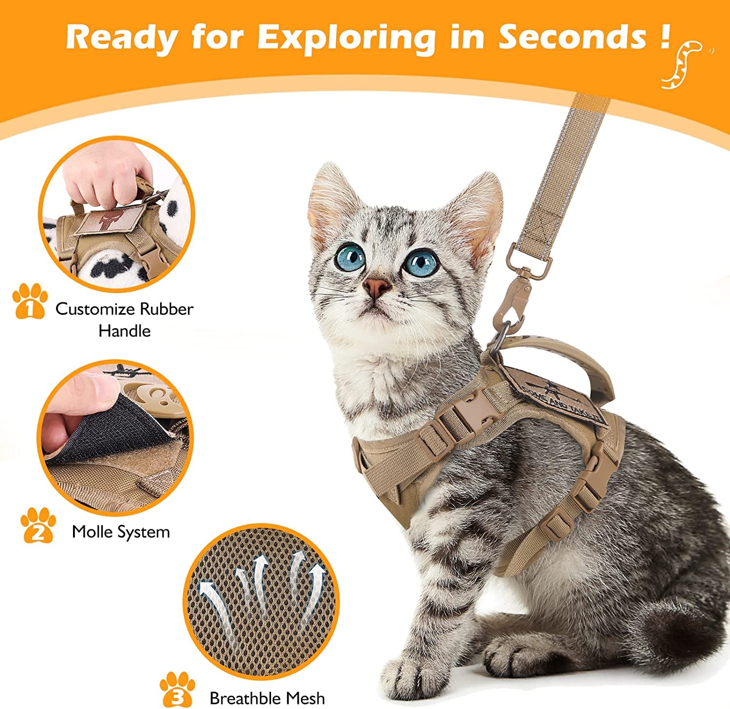 Ultimate Escape-Proof Tactical Cat Harness & Leash Set - Adjustable Military Vest with Molle Patches and Comfort Padding in Khaki