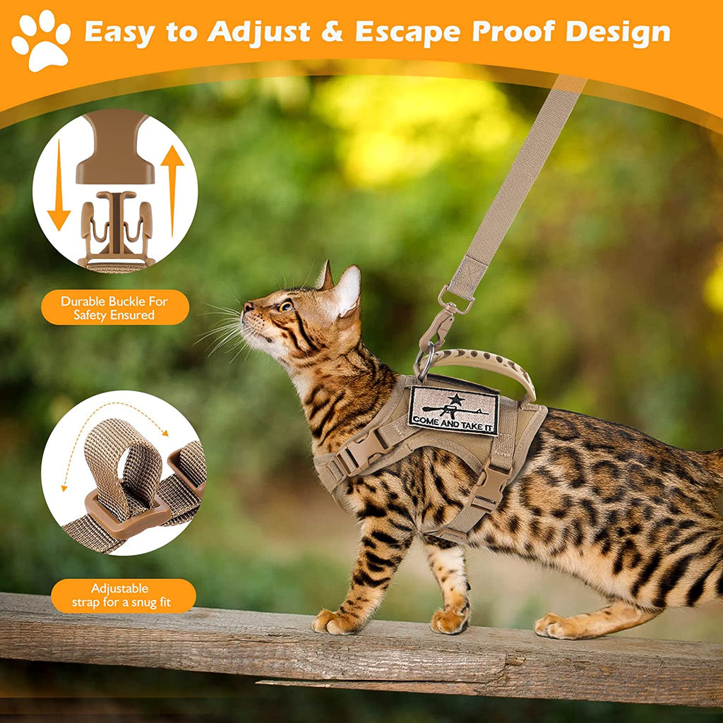 Ultimate Escape-Proof Tactical Cat Harness & Leash Set - Adjustable Military Vest with Molle Patches and Comfort Padding in Khaki